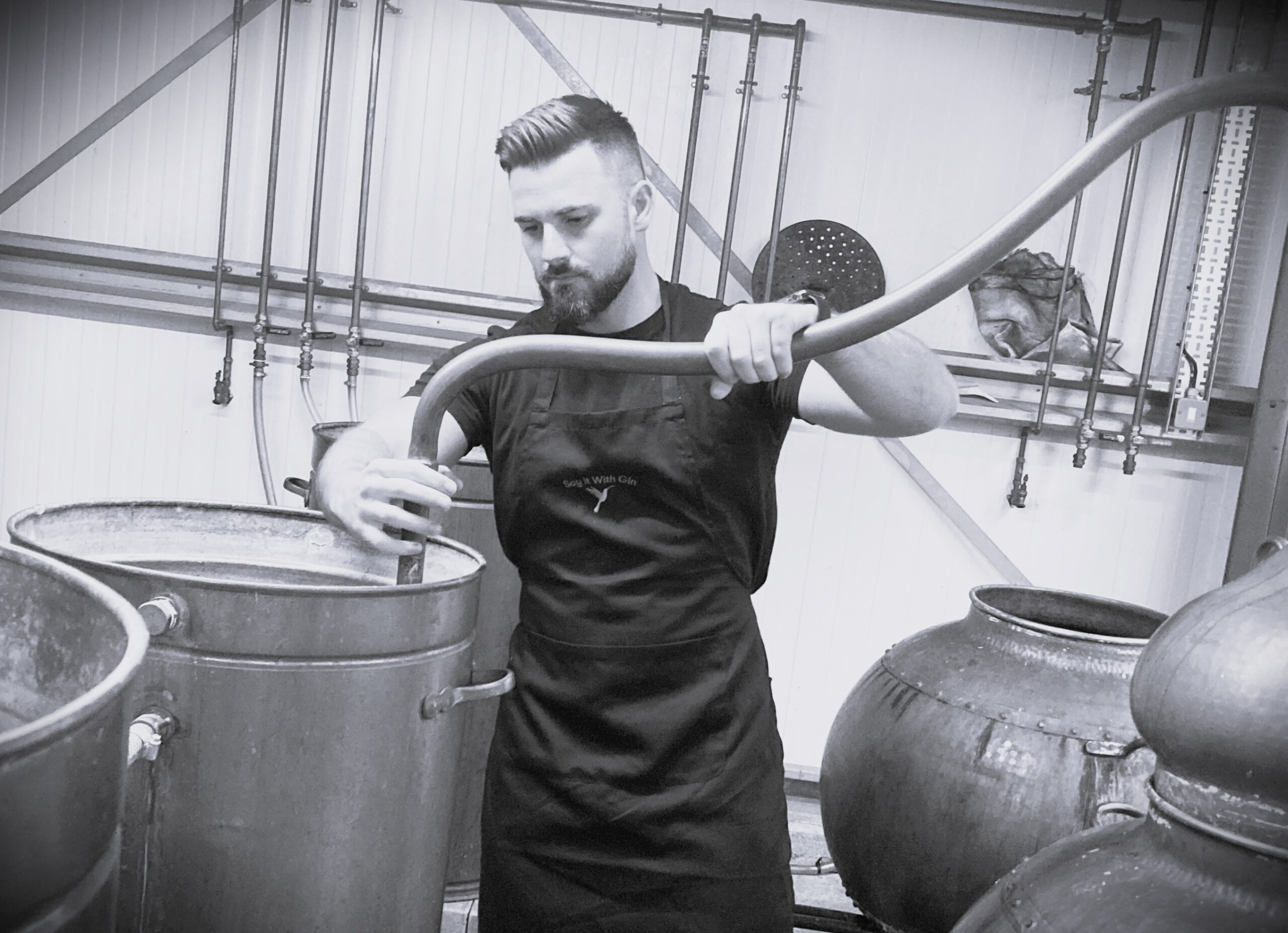 Overview of gin production process, showcasing distillation equipment and fresh botanicals used in crafting premium gin – Say it with Gin.
